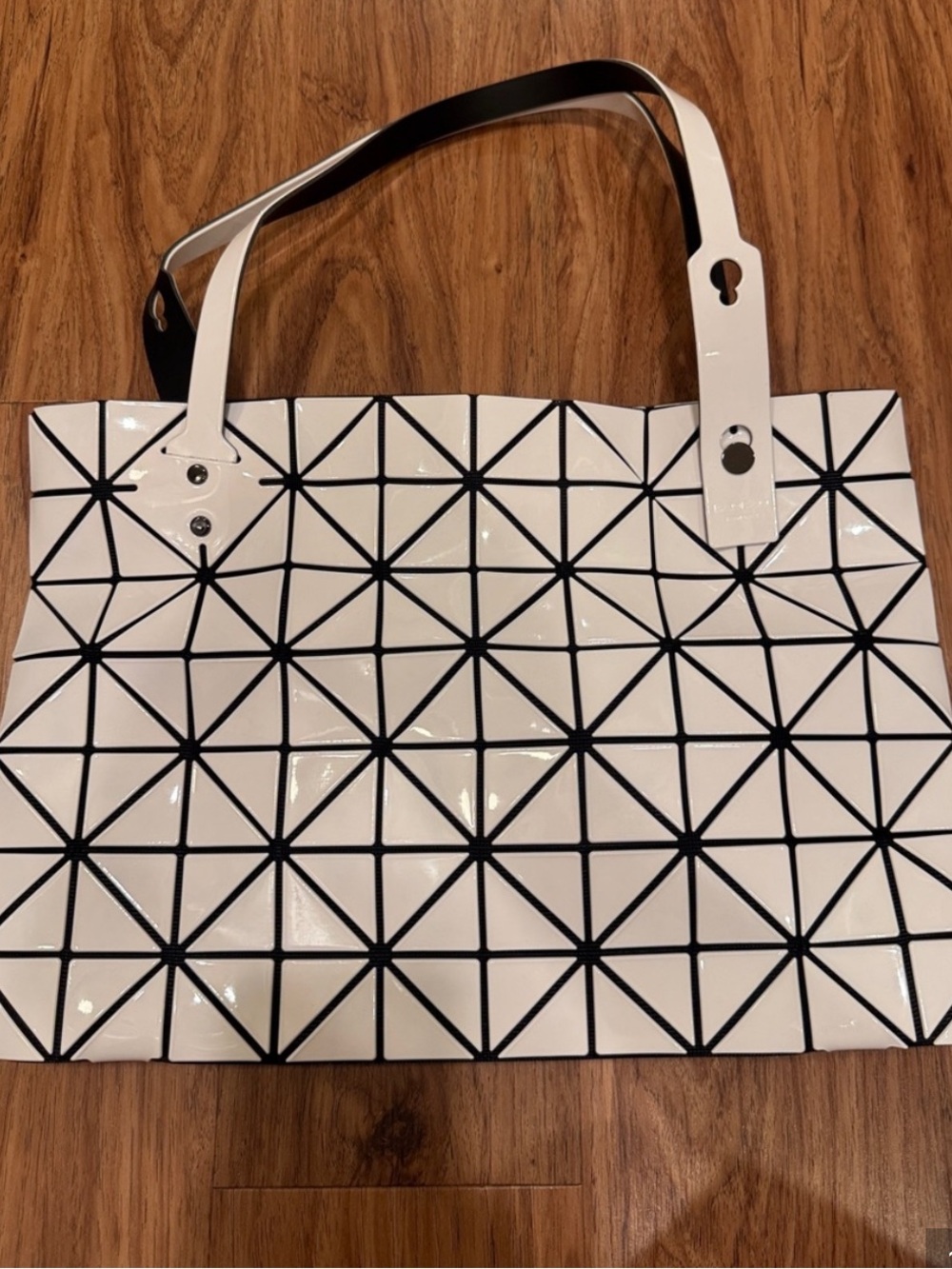 White Geometric Tote Bag with Black Trim - Modern Women’s Handbag